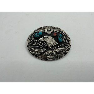 NATIVE AMERICAN BELT BUCKLE WITH BALD EAGLE TURQUOISE AND CORAL STONES S.S.I.88
